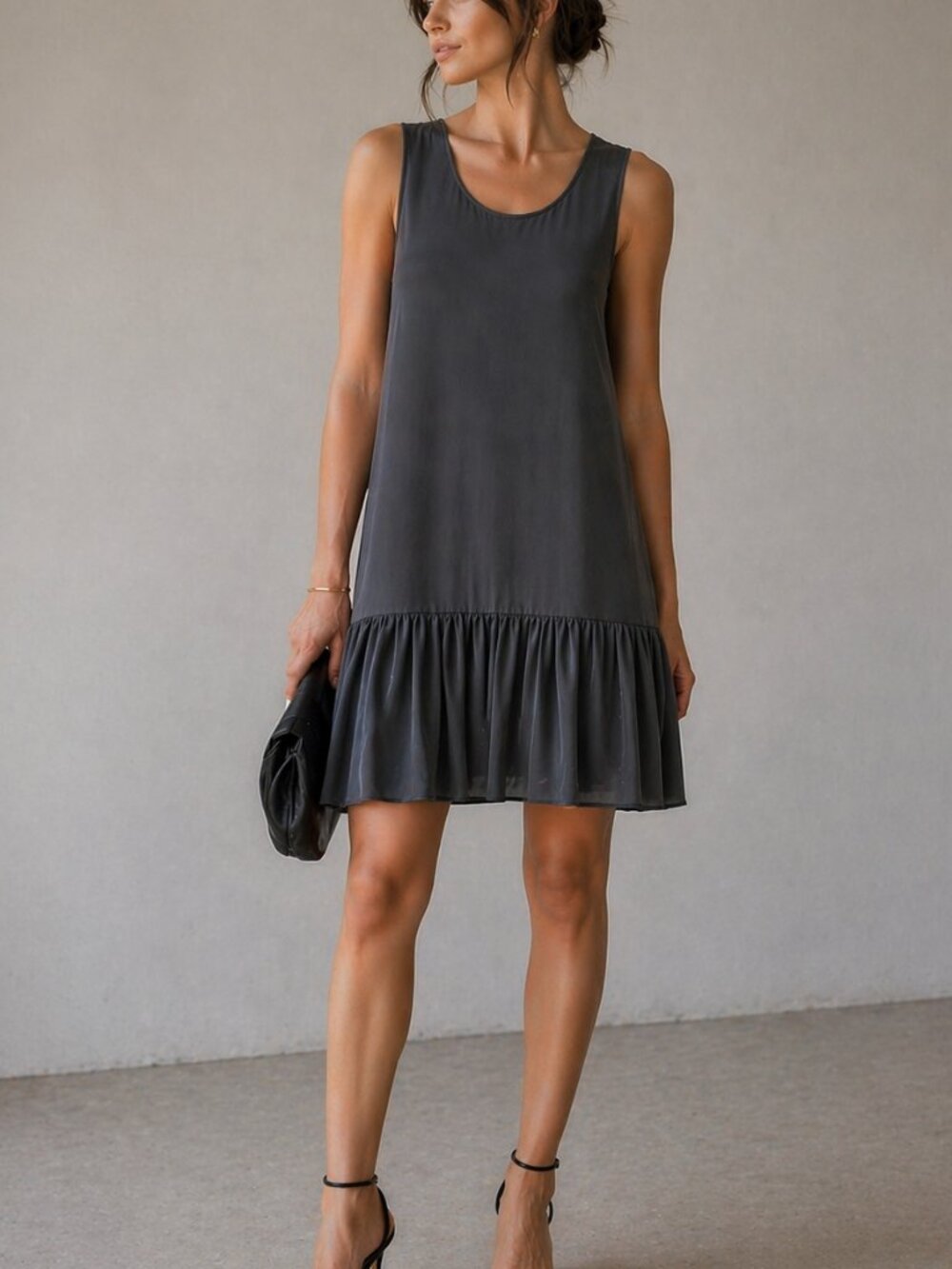 Theory Gray Sleeveless Ruffle Hem Dress Minimalist Shift Mini Size 2 XS